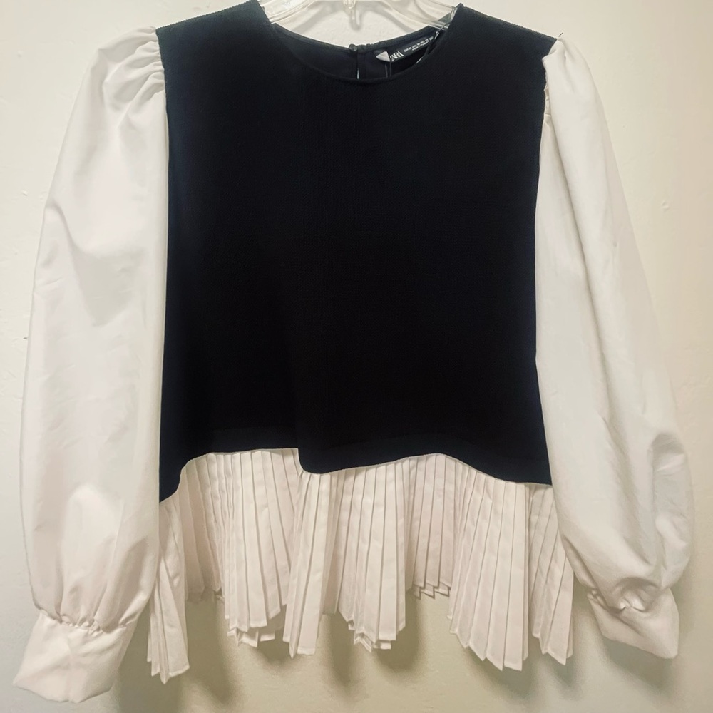 Zara Black and White Pleated Blouse
